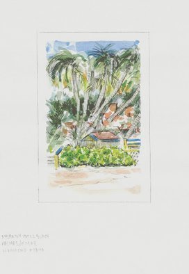 Lou Posner: 'Kiosk at Sheraton Hotel Beach Puerto Rico', 2010 Watercolor, Beach. Artist Description:  We had some good drinks and snacks at this kiosk in January, 2010, at the Sheraton Hotel Beach, Palmas del Mar, Humacao, Puerto Rico.  Pencil and watercolor on paper.  Some masking tape lines still visible. ...