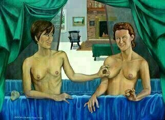 Lou Posner: 'Ladies in the Bath', 2005 Oil Painting, nudes. This painting was inspired by the painting, Gabrielle DEstrees and Her Sister 38. 4 x 50, Musee du Louvre painted by the master of the School of Fontainebleau about 1595.  There are images of this painting on the internet, or I can email you one.  Gabrielle DEstrees 15711573- 1599 was ...