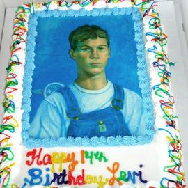 Lou Posner: 'Portrait of Levi Hilgenhold in Bib Overalls done as birthday cake', 2008 Other, Food. Artist Description:  The Portrait of Levi Hilgenold in Bib Overalls ( by artist Lou Posner) used as the design for Levi' s 14th birthday cake in 2008.  Levi turns 19 this May, 2013, and graduates high school, then heads to the Air Force Academy in Colorado.  His dream of becoming ...