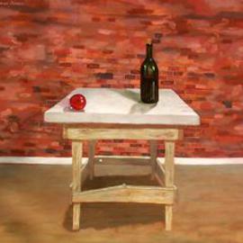 Lou Posner: 'Table with Wine Bottle and Christmas Ornament', 2000 Oil Painting, Still Life. Artist Description: Some people see this as an urban basement scene.  Note the bowed baseboard....