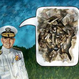 Lou Posner: 'The Art of War', 1999 Oil Painting, Other. Artist Description: This painting is about MANY things, but primarily the Vietnam War.  The admiral with no eyes speaks of the war in the visual language of hermetic cubism.  Yes, that is the coast of Florida.  Exhibited in Evansville, Indiana, Oct.  1- 3, 1999, in conjunction with the 3- day ...