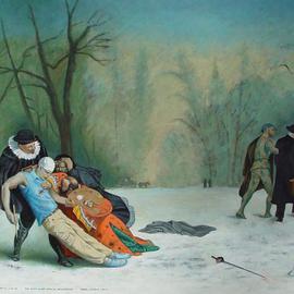 Lou Posner: 'The Death of Art after the Masquerade', 2006 Oil Painting, Other. Artist Description: This painting was inspired by the 1857 painting, The Duel After the Masquerade, by French artist J. L. Gerome....