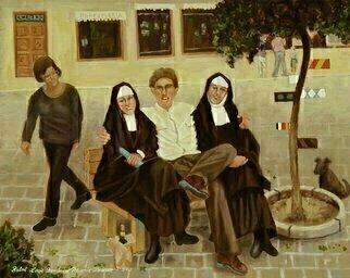 Lou Posner: 'The Tale of the Priest of the Nun', 2003 Oil Painting, Religious. Real titleThe Nuns Priests Tale a reference to Chaucer.  An artist friend befriends two nuns and learns a lot about life.  Dog observes.  Sour- puss passes judgment....