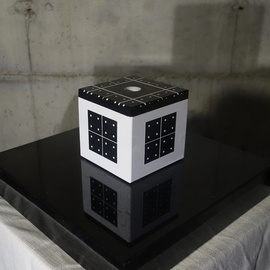 Duncan Laurie: 'Radionic Cube H1', 2016 Granite Sculpture, Abstract. Artist Description:   4aEURx4aEURWhite lacquer on polished black gabbro ( basalt granite stone) A One drilled hole for a vial. Base not included. For more information see artists statement and visit www. duncanlaurie. com  ...