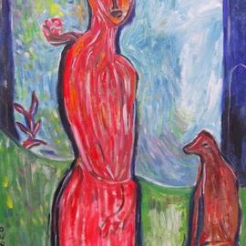 Durlabh Singh: 'Lady with dog', 2013 Oil Painting, Figurative. Artist Description:  Lady with a dog in vivid colours. Contemporary painting, innovative, figurative, expressive, landscape, animals, mustic.  ...