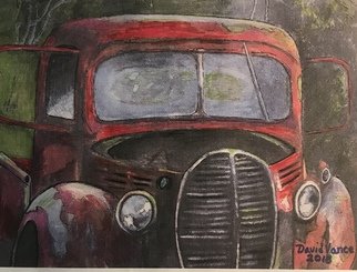 David  Vance: 'old blood and guts', 2018 Acrylic Painting, Vintage. trucks, antique, barnyard, barn find, Chevy, Ford, Dodge, vintage, classic, Mecum, Wreck, red, pickup, roadster, hot rod, flareside...