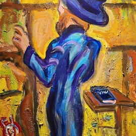 Dovid Yehuda Grossman: 'chosid davening at wall', 2023 Acrylic Painting, Religious. Artist Description: Depiction of a religious rabbi praying at the Western Wall in Jerusalem...