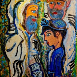 Dovid Yehuda Grossman: 'inspecting tefillin', 2023 Acrylic Painting, Religious. Artist Description: A rabbi inspecting the prayer tefillin of a Bar Mitzvah boy. Acrylic painting on wood. ...
