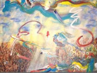 Artist: Jack Earley - Title: Birds Flocking in the Sun Rays - Medium: Acrylic Painting - Year: 2000