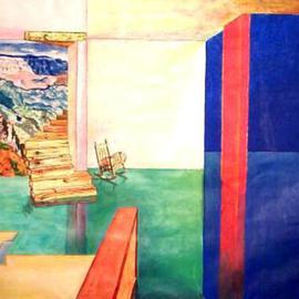 Jack Earley: 'Rocking Chair', 1991 Acrylic Painting, Architecture. Artist Description: Combining architecture with nature, this painting on museum paper combined the interior of a Mexican home with the Grand Canyon.  It strongly implies that someone has left the rocking chair and taken the stairs.  The frame is also an original work. ...