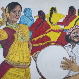 Richard Wynne: 'Bollywood Dancers', 2013 Oil Painting, Dance. Artist Description:          dance_ bollywood_ hindi_ figerative_ movement_ colorful_ drummer_ many dancers_ India_ movies_ indian movies_ music_ entertainment ...