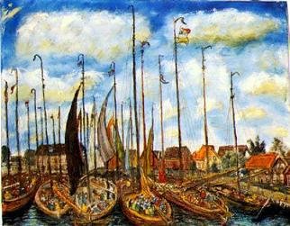 Richard Wynne: 'Harbour Scene', 1987 Oil Painting, Marine. This painting  was developed from sketches and photos from a   Fishermen' s ship blessing festival in Europe. I always travel  With a sketchbook and a camera. ( Also my banjo) It was a Chilly but happy time. This picture was  painted on canvas board...