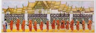 Richard Wynne: 'Monks', 1996 Watercolor, Other.  I like long panoramic paintings: there is so much to see, so many stories to tell. I'm sure you recognize the Wat in the background It's one of the most famous in Bangkok. This work was done on paper....