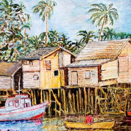 Richard Wynne: 'Thai Harbor', 2011 Oil Painting, Abstract Figurative. Artist Description:   mixed medium_ thai harbor_ landscape_ thai houses_ boats_ thai culture_ thailand ...