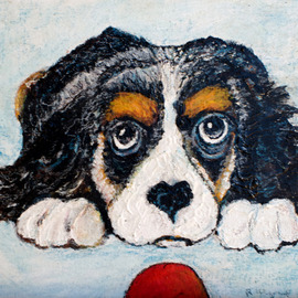 Richard Wynne: 'Throw the ball please', 2010 Oil Painting, Animals. Artist Description:   oil_ dog_ animal_ puppy_ representational  ...