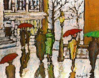 Richard Wynne: 'Winter Rains', 2011 Other Painting, Cityscape.     winter_ rains_ street scene_ town scape_ urban scene_ representational_ umbrellas_ people strolling_ walking_ lonesome_ moody       ...