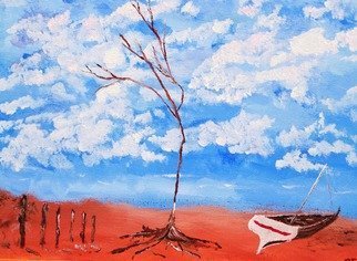 Paul Edwards: 'The Lost Yacht', 2009 Acrylic Painting, Abstract Landscape.  Surrealist beach/ desert, with sapling, posts and' lost' yacht.  Acrylic on canvas. ...