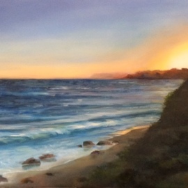 Renee Pelletier Egan: 'california dreaming', 2019 Oil Painting, Seascape. Artist Description: This painting depicts driving down the coast of California and catching the sun setting on the Pacific Ocean. ...