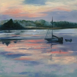 Renee Pelletier Egan: 'early morning sailboat', 2018 Oil Painting, Seascape. Artist Description: This small painting is an impressionistic sailboat capturing early morning pastel colors. I painted a lot of this scene with a pallet knife...