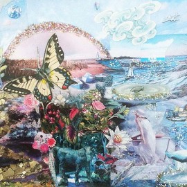 Elena Mary Siff: 'upislnd', 2016 Collage, Seascape. Artist Description: Sea, ocean, island, butterfly, lighthouse...