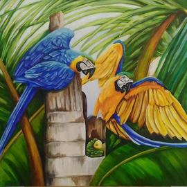 Eliana Molnar: 'the baby macaws has arrived', 2020 Acrylic Painting, Birds. Artist Description: Acrylic paintingThe wonderful macaws with their vibrant colors in a tropical setting inspired me to paint this canvas, especially as the baby macaws arrived...