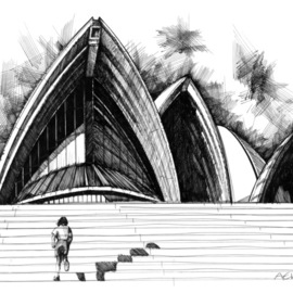 Andre Vesyelkin: 'run up to opera', 2003 Ink Drawing, Architecture. Artist Description: This is one of several observational drawings executed in traditional Pen and Ink technique on heavy stock paper. The drawing depicts a boy, running up the main stairs to Sydney Opera House on a sunny day. The drawing had been completed shortley after visiting the actual Opera House ...