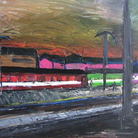 Vyacheslav Panichev: 'train station at night', 2019 Oil Painting, Expressionism. Artist Description:  Train station at night , oil on hardboard...