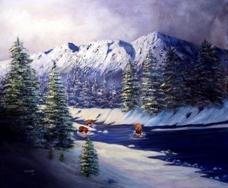 Ellen E Hinson: 'FISHING', 2007 Oil Painting, Wildlife. This is an original oil painting of three bears that have wakened after a spring snow and are very hungry. Thus they are fishing in a cold mountain stream. The sun is shining through the clouds highlighting the bears. ...