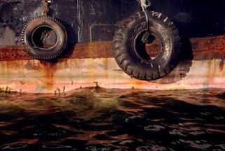 Ellen Spijkstra: '13', 2000 Color Photograph, Marine. Two car tires connected to a tug boat.Pink, orange, brown and black.Laminated with a clear, semi- matt, UV protection layer. ...