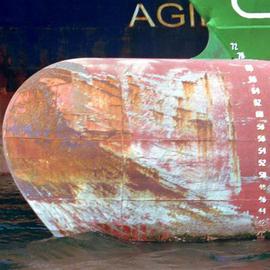 Ellen Spijkstra: '34', 2001 Color Photograph, Marine. Artist Description: The bow of a cargo ship in front of tanker. Rusty orange, bright green white and dark blue.Laminated with a clear, semi- matt UV protection layer. ...