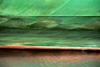 Ellen Spijkstra: '59', 2003 Color Photograph, Marine. Detail of a cargo ship; bright green with a red line, green reflections in the water....