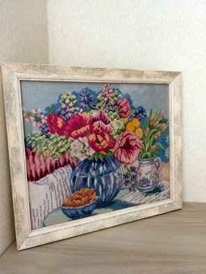 Tetiana Razumtseva: 'embroidered picture', 2018 Other, Floral. Embroidered picture  cross stich . Used materials: canvas, muline  over 30 colors , wooden frame, anti glare glass. ...