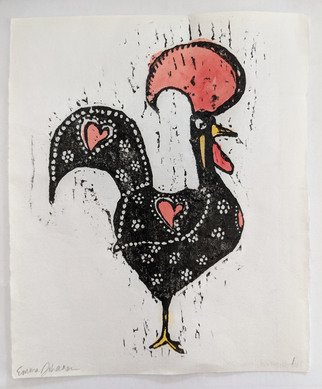 Emma Johansen: 'the portuguese rooster', 2020 Woodcut, Country. This is a woodcut relief print of a portuguese rooster. The rooster is a symbol of good luck, and is a national symbol of Portugal. One variation of this print is hand- colored with acrylic paint. ...
