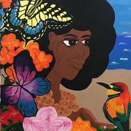 Adrienne Lewis: 'caribbean queen', 2020 Acrylic Painting, Beach. Artist Description: Beach, butterflies and beautiful Queen all encompassed on one canvas. It s time to think tropical. ...