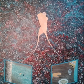 Eduardo Poblador: 'Across he universe', 2016 Oil Painting, Abstract Figurative. Artist Description:  a couple meeting across the universe, galaxy, birds, humming, impressionism, woman, man, naked, nude, passionate, love, abstract ...