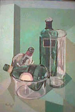 Maria Teresa Fernandes: 'Glassy green bottles', 1974 Oil Painting, Transportation. Artist Description: glass inside glass increases difficulties  ( due to age this painting has a small stain upper left and a white dot over red label bottle) ....