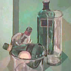 Maria Teresa Fernandes: 'Glassy green bottles', 1974 Oil Painting, Transportation. Artist Description: glass inside glass increases difficulties  ( due to age this painting has a small stain upper left and a white dot over red label bottle) ....