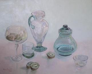 Maria Teresa Fernandes: 'Glassy greens and kiwi', 1995 Oil Painting, Family. clear objects on a clear background are a good  proof for painters to get a conveximpression mainly on glass...