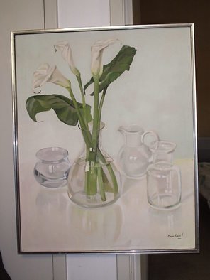 Maria Teresa Fernandes: 'callas and 3 jugs', 1982 Oil Painting, Love.  white basis besides round vase reflections require tons of love ( this painting won Gold Rose Thophy at APBA ) ...