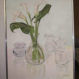 Maria Teresa Fernandes: 'callas and 3 jugs', 1982 Oil Painting, Love. Artist Description:  white basis besides round vase reflections require tons of love ( this painting won Gold Rose Thophy at APBA ) ...