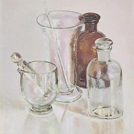 Maria Teresa Fernandes: 'chemistry and brown', 1970 Oil Painting, Education. Artist Description:   painter raised in dad's drugstore lab among glasses and bottles ( this painting has a bronze medal at the important SPBA( Salao Paulista)   glass against a clear background is a big challenge to any painter                   ...