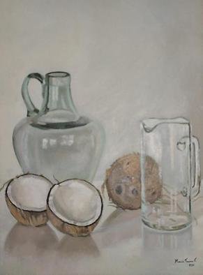Maria Teresa Fernandes: 'coconuts and amphora', 1980 Oil Painting, Food.  cavities in white coconuts plus volume in convex transparent glass seams impossible,but worth trying   glass against a clear background is a big challenge to any painter                      ...