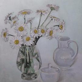 Maria Teresa Fernandes: 'daisies', 1978 Oil Painting, Love. Artist Description:  every delicate petal is different, in hues, shades, nuances, focus, never a rubber stamp painting. Requires much love to paint   glass against a clear background is a big challenge to any painter                 ...