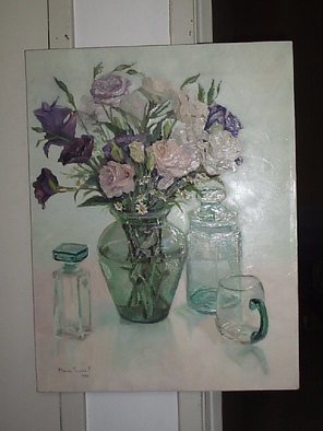Maria Teresa Fernandes: 'flowers and green glasses', 1996 Oil Painting, Floral.  every petal in a proper plan, not a rubber stamp painting ...