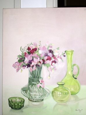 Maria Teresa Fernandes: 'flowers and greens', 1981 Oil Painting, Life.  rounds are a challenge on a clear background ...