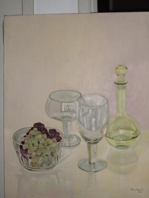 Maria Teresa Fernandes: 'grapes and crystals', 1982 Oil Painting, Food.  each grape with individual reflections and shades, besides glass, are a real challenge ...