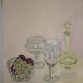 Maria Teresa Fernandes: 'grapes and crystals', 1982 Oil Painting, Food. Artist Description:  each grape with individual reflections and shades, besides glass, are a real challenge ...