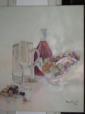 Maria Teresa Fernandes: 'grapes and wine bottle', 1992 Oil Painting, Culture. thick glass is a good patience award to the painter on a clear background - means lots of work...