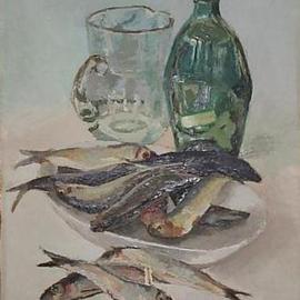 Maria Teresa Fernandes: 'herrings and bottle', 1971 Oil Painting, Food. Artist Description: bigest difficulty was to keep painter son cats away...