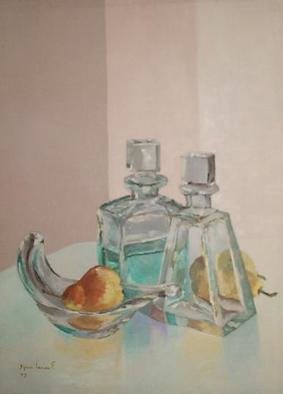 Maria Teresa Fernandes: 'pear with glass', 1975 Oil Painting, Food.  thick glass has a world of possibilities, and effort( this painting won honoured mention at ABD- ABI press association show   glass against a clear background is a big challenge to any painter                       ...